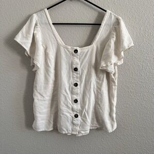 Women's Peasant Top Blouse Large Square Neck Flutter Sleeve Chunky Buttons